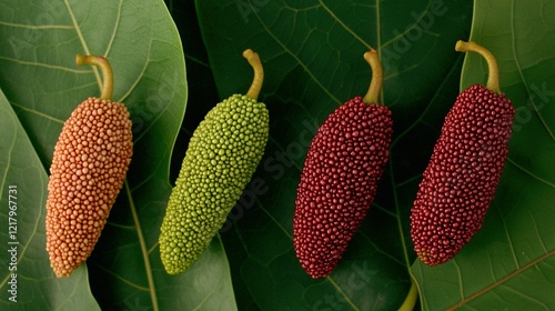   Close-up of three diverse flowers on a plant with lush green foliage in the foreground, and a red, green, and yellow seedless plant in the background photo