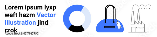 Mock text next to a blue pie chart, a blue handbag with price tag, and a factory icon. Ideal for infographics, marketing, retail, industry, minimalism design concepts and branding. Landing page