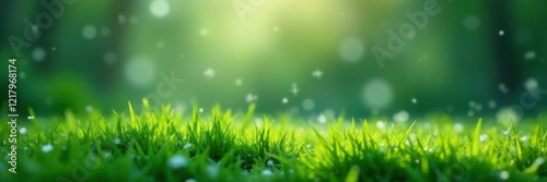 Gentle snowflakes gently fall on a lush green grass, serene, calm