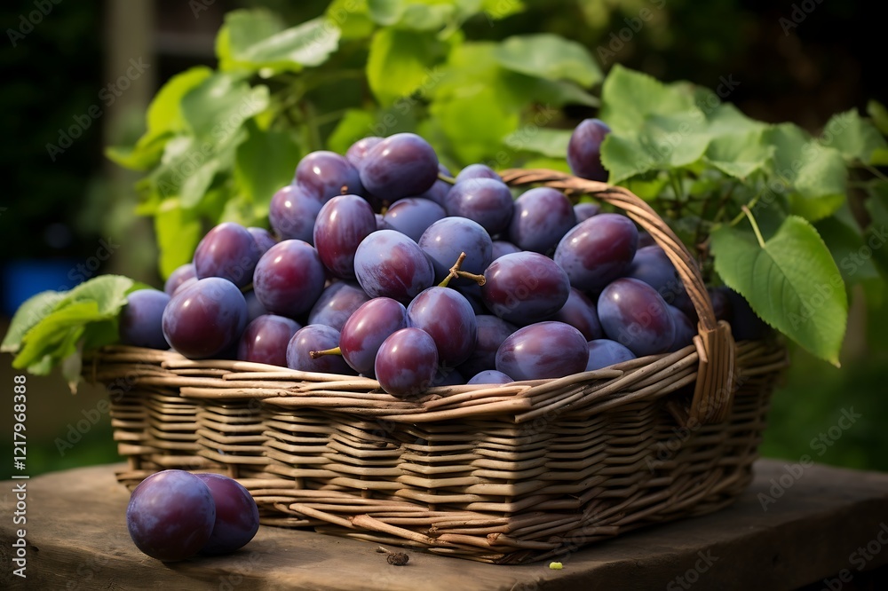 Fototapeta premium Fresh Damson Plums in a basket. Damson Plum fruit