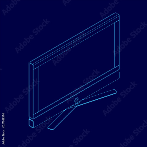 Blue drawing of a television with a stand. The television is turned off