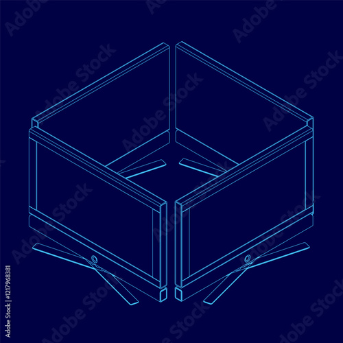 Blue drawing of a television stand with two televisions on it. The stand is made of wood and has a square shape