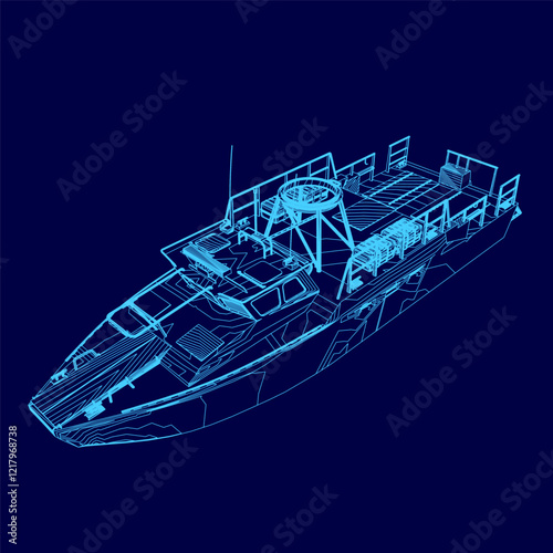 Blue boat with a radio antenna on top. The boat is shown in a blue color