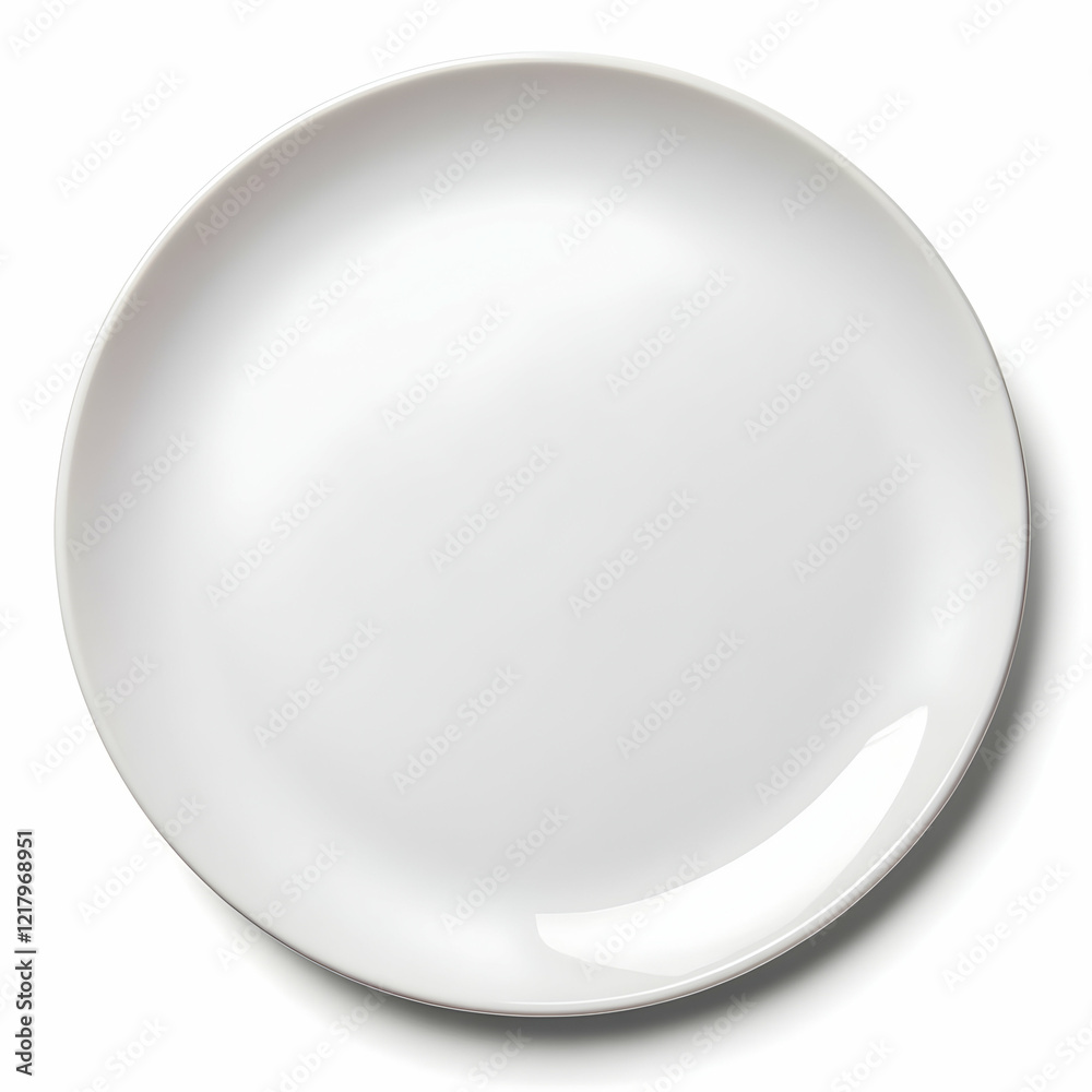 Empty white plate, overhead view, isolated on white background, for food photography Empty white plate, overhead view, isolated on white background, for food photography