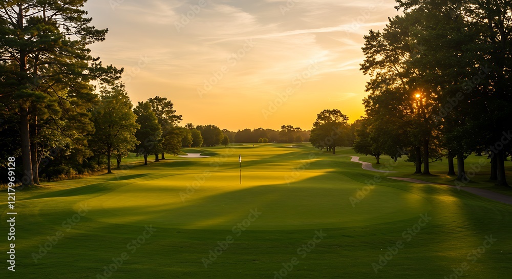 : Beautiful golf course with green fairway and flag on the side, golden hour lighting, beautiful sky, trees in the background, wide shot : Beautiful golf course with green fairway and flag on the side, golden hour lighting, beautiful sky, trees in the background, wide shot