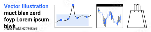 Blue graph with trend line and dots overlaid on gray background. Tablet displaying a line chart with fluctuating values. Simple shopping bag icon. Ideal for business, retail, analytics, technology