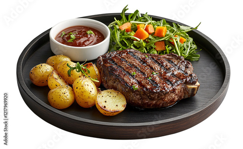Grilling succulent steak on a plate at a restaurant isolated in artistic setting
