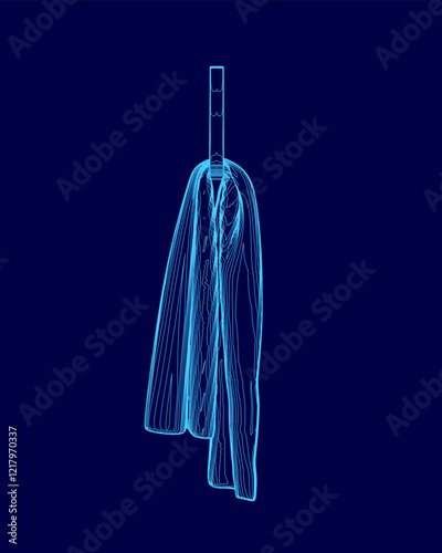 Blue towel is hanging from a hook. The towel is long and has a blue pattern