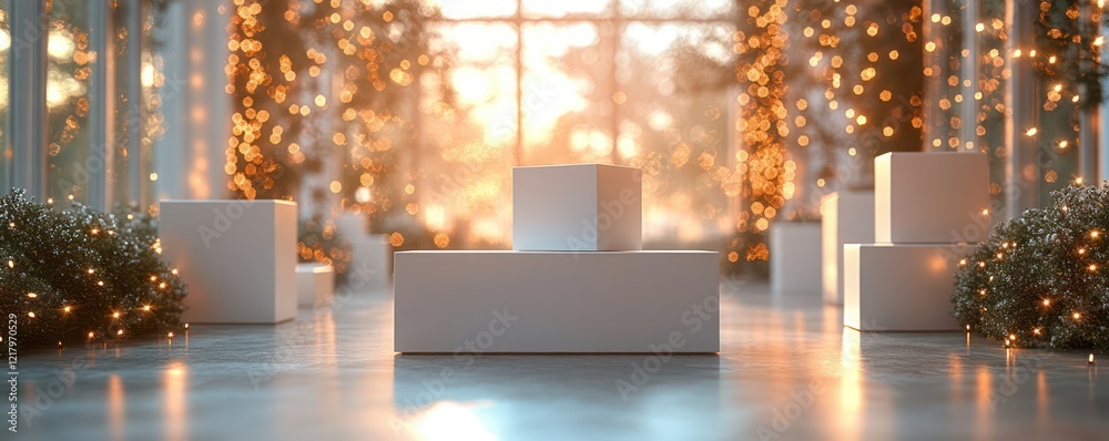 White Cubes Display, Festive Lights Background White Cubes Display, Festive Lights Background