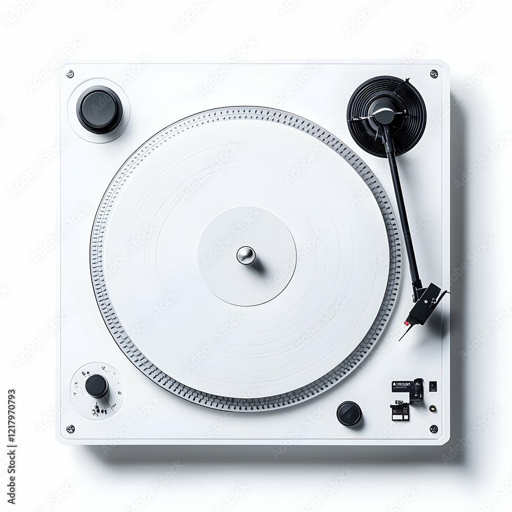 Fototapeta premium White turntable, vinyl record, studio, music, clean background, audiophile, product shot