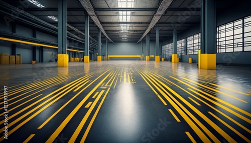 modern warehouse floor with yellow markings on the floor