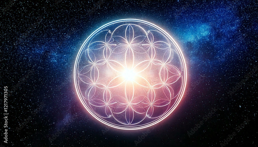 Obraz premium 宇宙空間に浮かぶ、虹色の幻想的なフラワーオブライフ。AIで生成