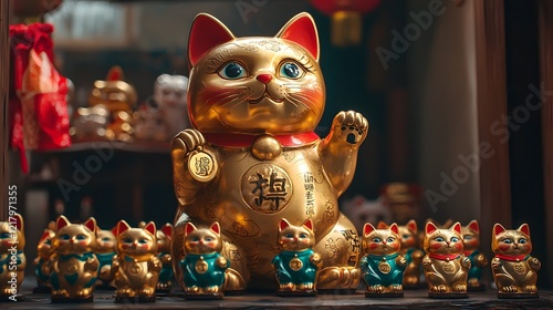 A large golden Maneki Neko figurine a traditional Japanese lucky cat symbol surrounded by miniature versions of itself displayed on a dark wooden shelf or table background