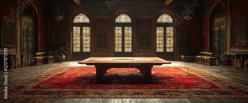 Grand, antique room with large table and red rug.