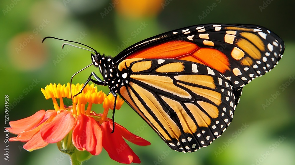 Fototapeta premium Monarch Butterfly on Zinnia: A Vibrant Close-Up