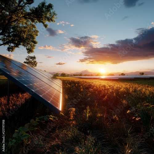 Solar Panel in Sunlit Field, vibrant 2D cartoon depicting a solar panel harnessing sunlight, set against a clean white backdrop.