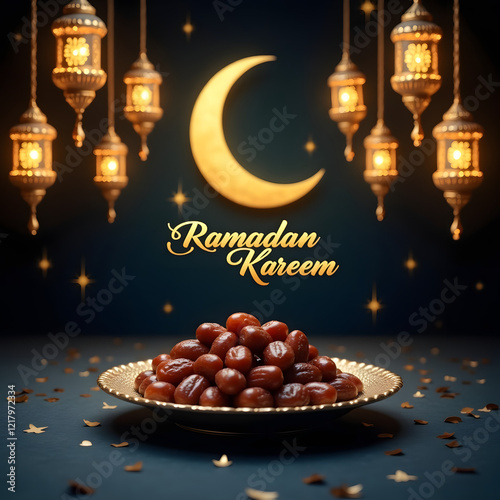 Opulent Ramadan Setting with Lanterns and Fresh Dates