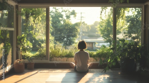 Wallpaper Mural Woman sits on floor, back to camera, gazing at sunlit garden view through large window. Torontodigital.ca