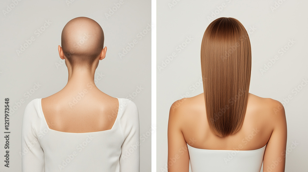 Back view transformation of a bald woman to long straight hair, showcasing beauty and confidence
