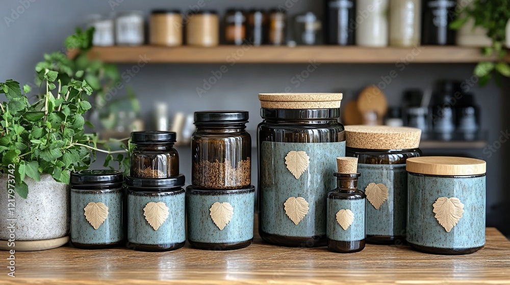 Collection of Amber Glass Jars and Bottles with Cork Lids