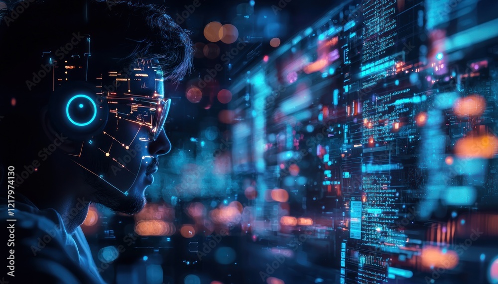 Virtual Assistant Support  An individual interacts with an AI chatbot for customer service, with digital elements showcasing the growing role of AI in customer relations.