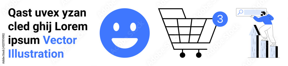 Blue happy face, shopping cart with notification, a person analyzing a graph using a magnifying glass. Ideal for ecommerce, business analysis, growth, customer satisfaction, online shopping Blue happy face, shopping cart with notification, a person analyzing a graph using a magnifying glass. Ideal for ecommerce, business analysis, growth, customer satisfaction, online shopping