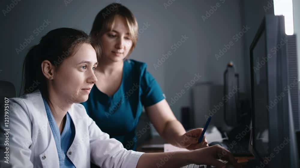 In the control room, a doctor and radiologist discuss the diagnosis while watching monitors showing MRI or CT scan results. The concept of teamwork and precise diagnostics in modern medicine. In the control room, a doctor and radiologist discuss the diagnosis while watching monitors showing MRI or CT scan results. The concept of teamwork and precise diagnostics in modern medicine.