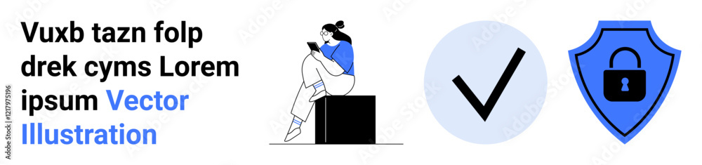 Woman sitting and using smartphone, adjacent to large checkmark icon and security shield with lock icon. Ideal for security, verification, mobile use, authentication, protection, privacy, technology Woman sitting and using smartphone, adjacent to large checkmark icon and security shield with lock icon. Ideal for security, verification, mobile use, authentication, protection, privacy, technology