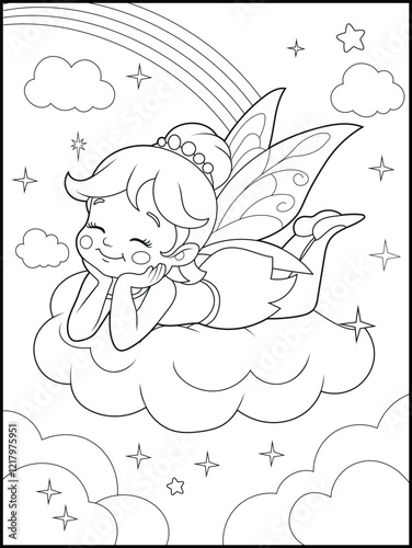 Illustration of a cute fairy cartoon character. Black and white Printable fairy coloring page for kids.