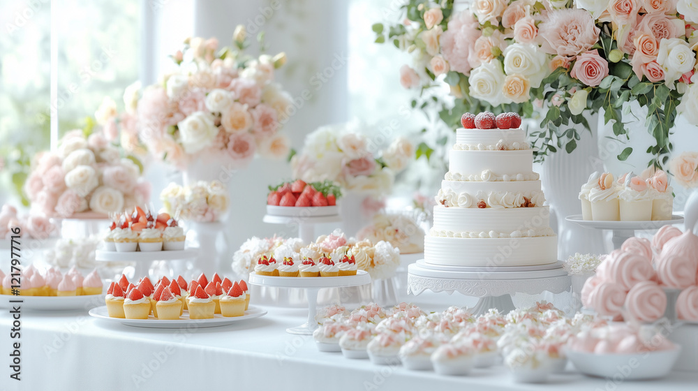 a luxurious table setup with a variety of desserts, including layered cakes, fruit tarts, and cream puffs, placed on a white tablecloth with pastel floral decorations, softly lit by a luxurious table setup with a variety of desserts, including layered cakes, fruit tarts, and cream puffs, placed on a white tablecloth with pastel floral decorations, softly lit by
