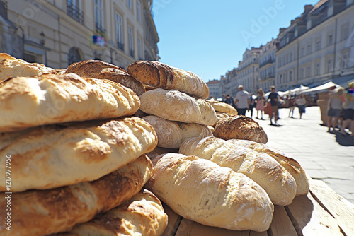 A pile of bread is on a table in front of a building photo