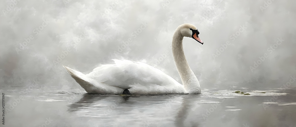 Fototapeta premium Elegant swan floats misty lake; serene nature scene