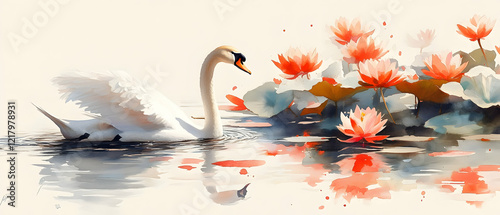 Fototapeta Naklejka Na Ścianę i Meble -  Graceful swan swims lotus pond; serene art
