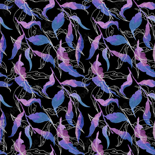 Bright pink floral watercolor seamless pattern for printing. Intertwining leaves and branches hand drawn. Nature botanical magenta background design for fabric, textile, print