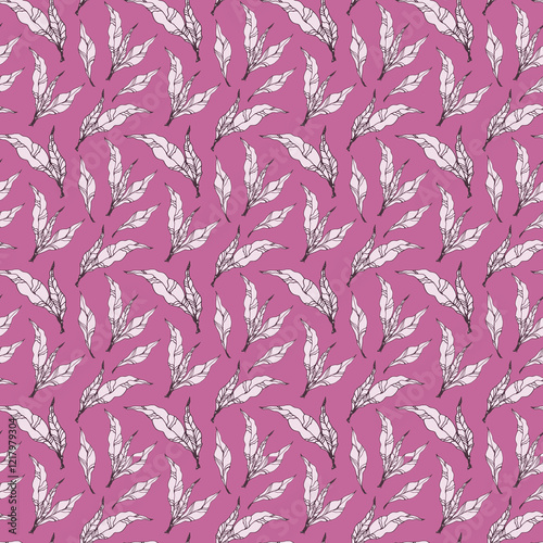 Bright pink floral watercolor seamless pattern for printing. Intertwining leaves and branches hand drawn. Nature botanical magenta background design for fabric, textile, print