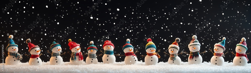Fototapeta premium Enchanting Snowman Line Illuminated by Soft Lights and Falling Snow, 柔らかな光と降りしきる雪に照らされた魅惑の雪だるまの列.Generative AI
