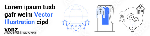 Text overlay, globe with five stars, clothing rack, gears, and house interconnected by dashed lines. Ideal for market research, retail, global business, technology real estate product analysis