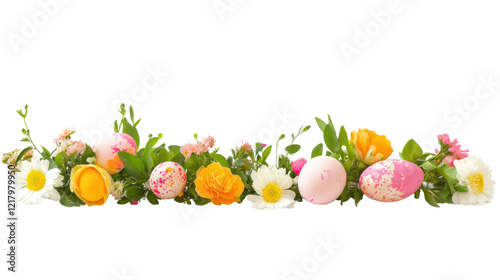 Easter egg wreath with flowers and leaves on transparent background