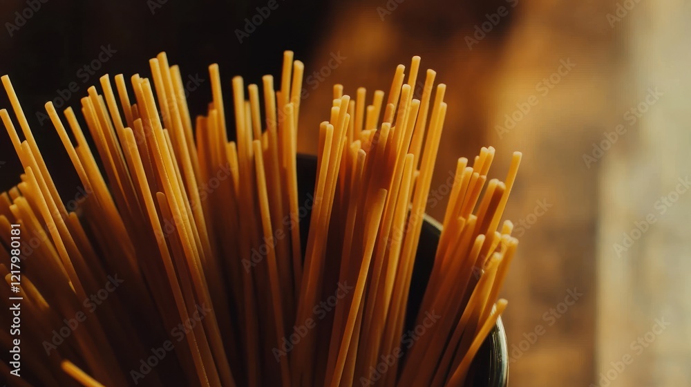 Close-up of uncooked spaghetti in a container. Close-up of uncooked spaghetti in a container.