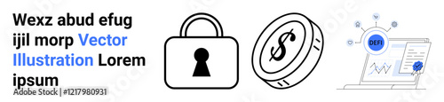 Padlock for security, coin with dollar sign, and blockchain elements above finance data on laptop. Ideal for cryptocurrency, online security, financial tech, blockchain, data analysis, business