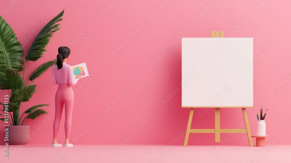 Creative Woman in Pink Attire Holding Art Piece Standing in Front of a Blank Canvas on an Easel Against a Vibrant Pink Background Creative Woman in Pink Attire Holding Art Piece Standing in Front of a Blank Canvas on an Easel Against a Vibrant Pink Background