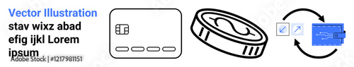Credit card, cryptocurrency coin, and transaction icons showcasing elements of digital finance. Ideal for financial technology, cryptocurrency trading, cashless transactions, digital banking