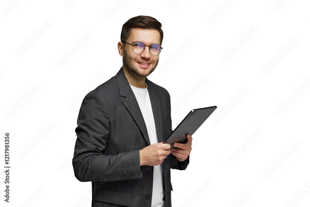 Young man in a suit smiling while holding a tablet in a bright setting Young man in a suit smiling while holding a tablet in a bright setting
