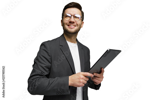 Konstfotografi Young professional smiles confidently while using a tablet in a business setting