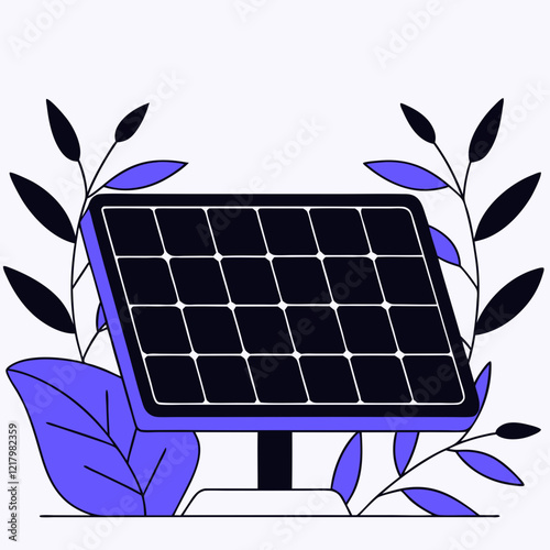Illustration of a solar panel surrounded by plants in blue tones