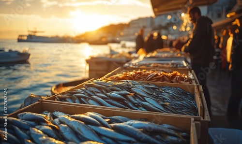 Sunset seafood market, coastal town, fresh fish