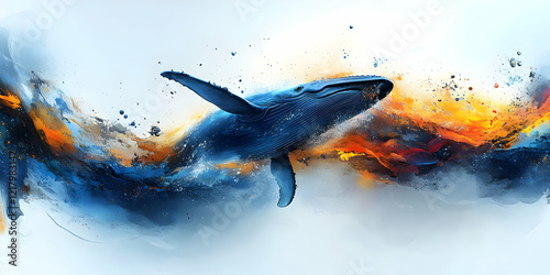 Whale leaps fiery ocean, abstract art photo