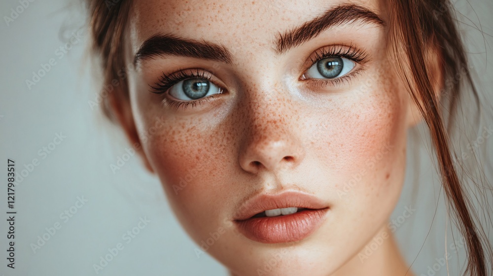 Fototapeta premium Portrait of beautiful freckled girl showing perfect skin and makeup