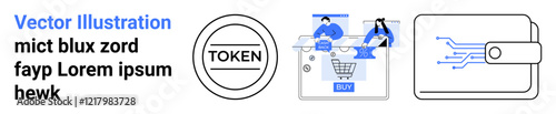 Token emblem, team working on e-commerce website, and digital wallet with circuitry. Ideal for fintech, e-commerce, online transactions, cybersecurity, digital assets, tokenization and payment