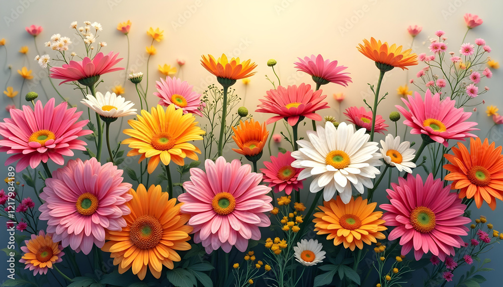 A dynamic floral wall filled with blooming chrysanthemums, daisies, and other wildflowers, bursting with radiant colors and natural beauty. A dynamic floral wall filled with blooming chrysanthemums, daisies, and other wildflowers, bursting with radiant colors and natural beauty.